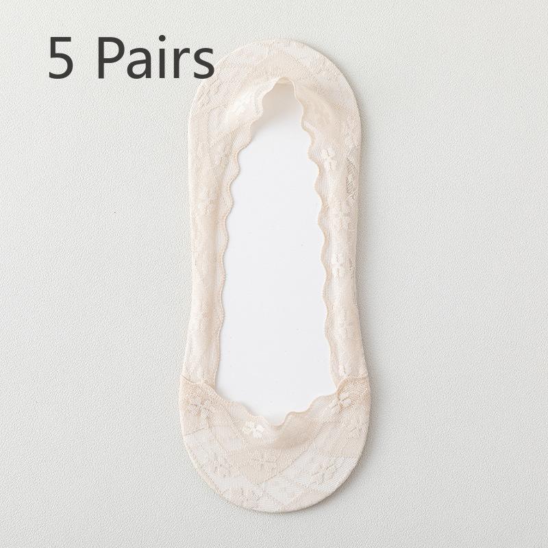 5 Pairs of Women's Spring Summer Thin Non Slip Shallow Mouth Invisible Lace Pure Cotton Sole Wicking Socks