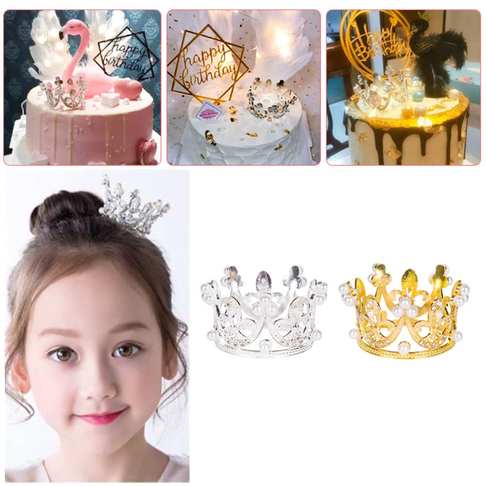 Itisyou Mini Crown Cake Topper Hair Ornament Hair Accessory, Gold and Silver, Set of 2