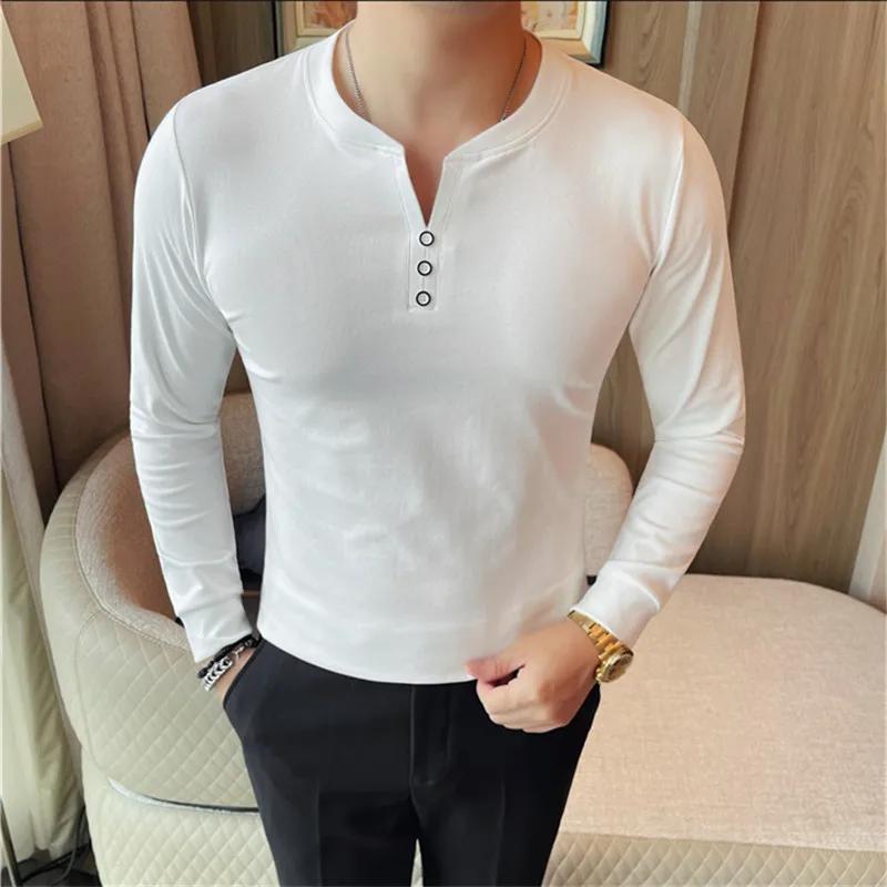 Spring Autumn Men's Slim Fit T-Shirts Solid Color V-Neck Cotton Long Sleeve Tshirt Men Korean Style Fashion Breathable Tees Tops
