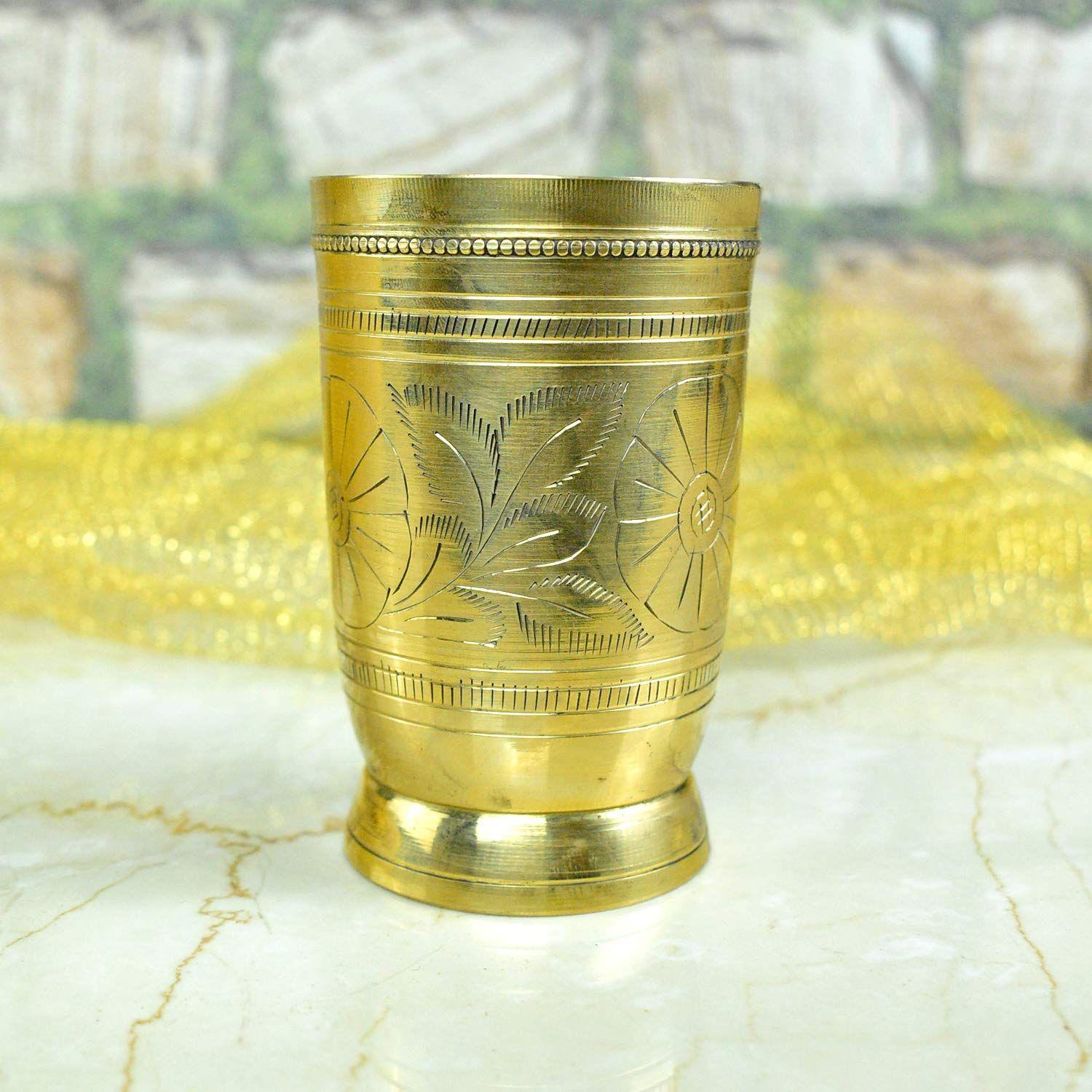 Vintage Gulley Brass Carved Glass with Golden Finish Drinking Cup