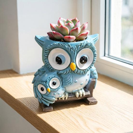 Cute Owl Planter Small Rocking Chair Animal Flower Pots with Drainage Hole Resin Plant Container for Outdoor Indoor Plants