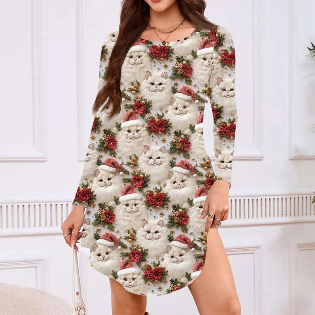 Women's Long-sleeved T-shirt Dress With Round Neck, Knee-length, Loose Fit, Casual And Pockets