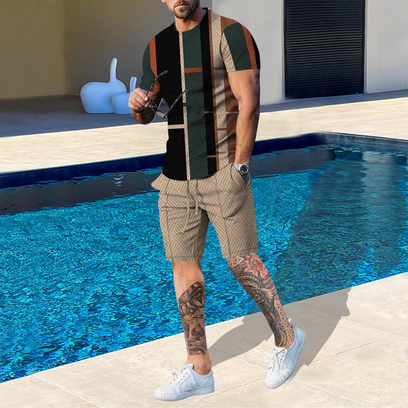 Plus Size Men's Summer Suit Round Neck Short Sleeved Shorts 3D Printed Loose Men's Casual Sports Set