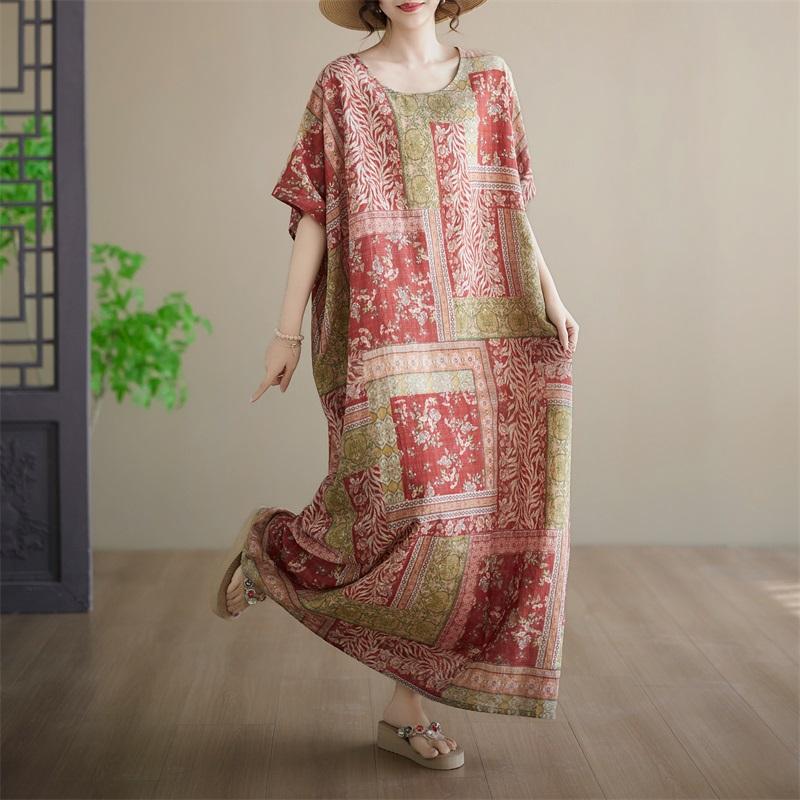 Abito estivo lungo maxi casual ampio da donna taglie forti manica corta cotone floreale vintage nuovo