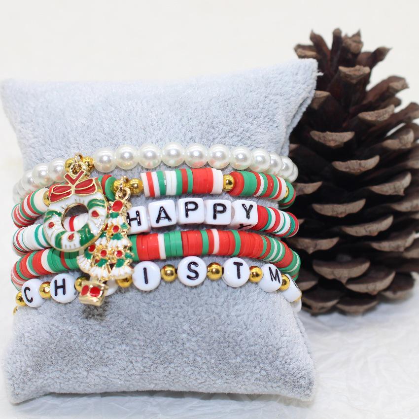 

European & American Christmas Tree Letter Elastic Bracelets Set - Mixed Color Polymer Clay