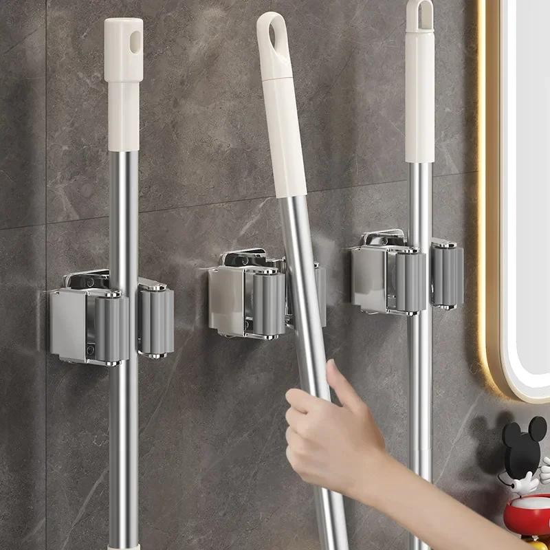 Hook Accessories Stainless Steel Mop Brush Broom Hanger Fixed Rack Mop Clip Holder Wall Mounted Kitchen Bathroom Organizer Shelf