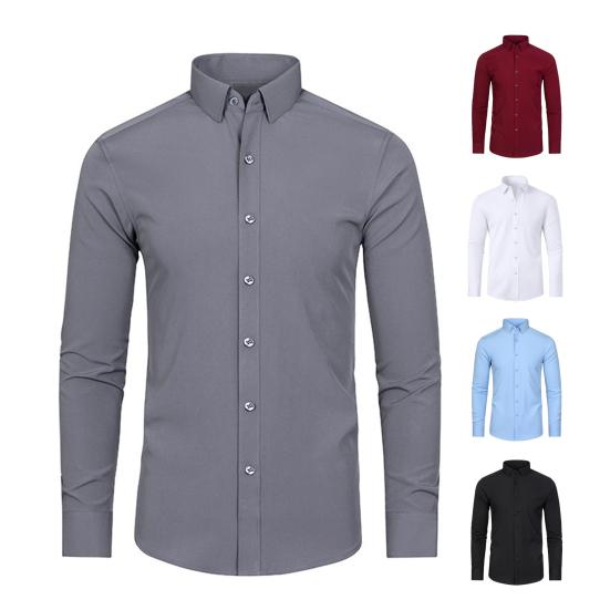 Chemise habillée printemps-automne pour hommes, col rabattu, coupe ajustée, extensible, simple boutonnage, manches longues, couleur unie, mi-longue, formelle, événement d'affaires, bureau
