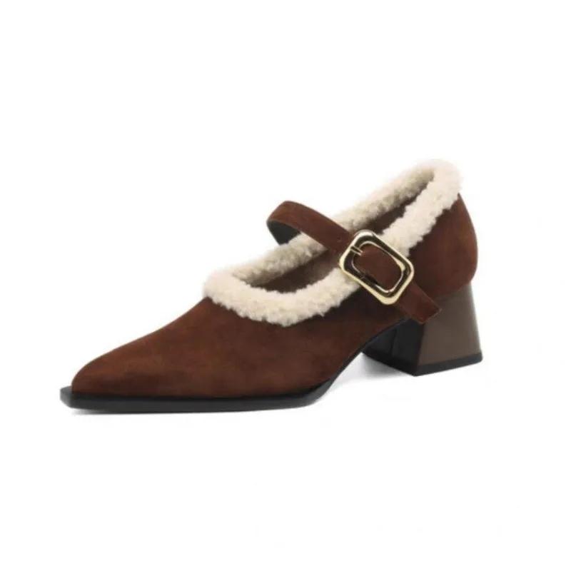 French Retro Single Shoes with Autumn and Winter Pointed Toe and Plush Warm Fur Shoes, Fashionable Thick Heels, Sexy High Heels