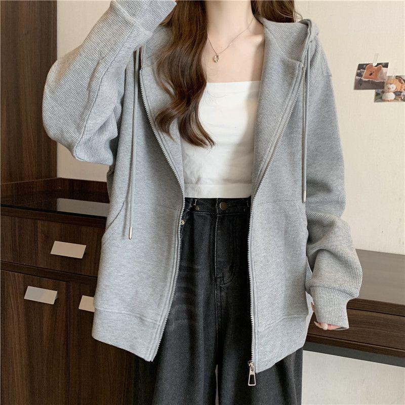 Women's Gray Hooded Sweatshirt: Early Spring 2025 Korean Style Lazy Petite Cardigan Top