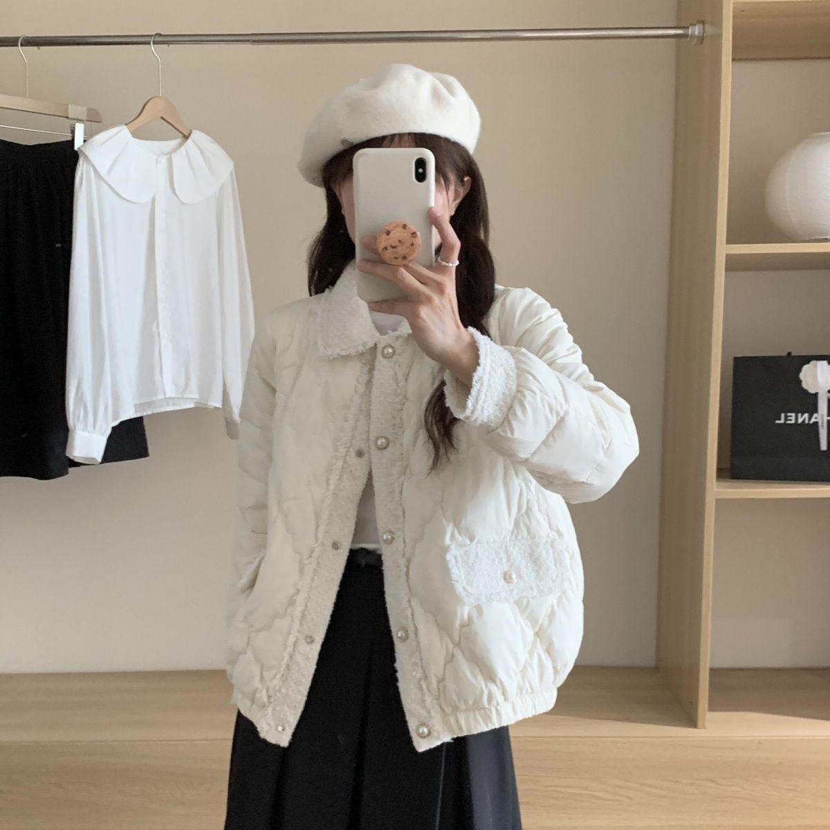 

Women s Fragrant Style Lightweight Duck Down Jacket - Short, Turn-Down Collar, White/Black S 40-55kg белый