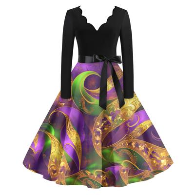 Women's Casual Fashion V Neck Long Sleeve Printed Vintage Long Dress