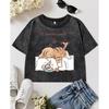 The Cat That Always Wants To Sleep Pattern Print Womens Washed T Shirt Cotton All-Match T Shirts Soft Crop Tops