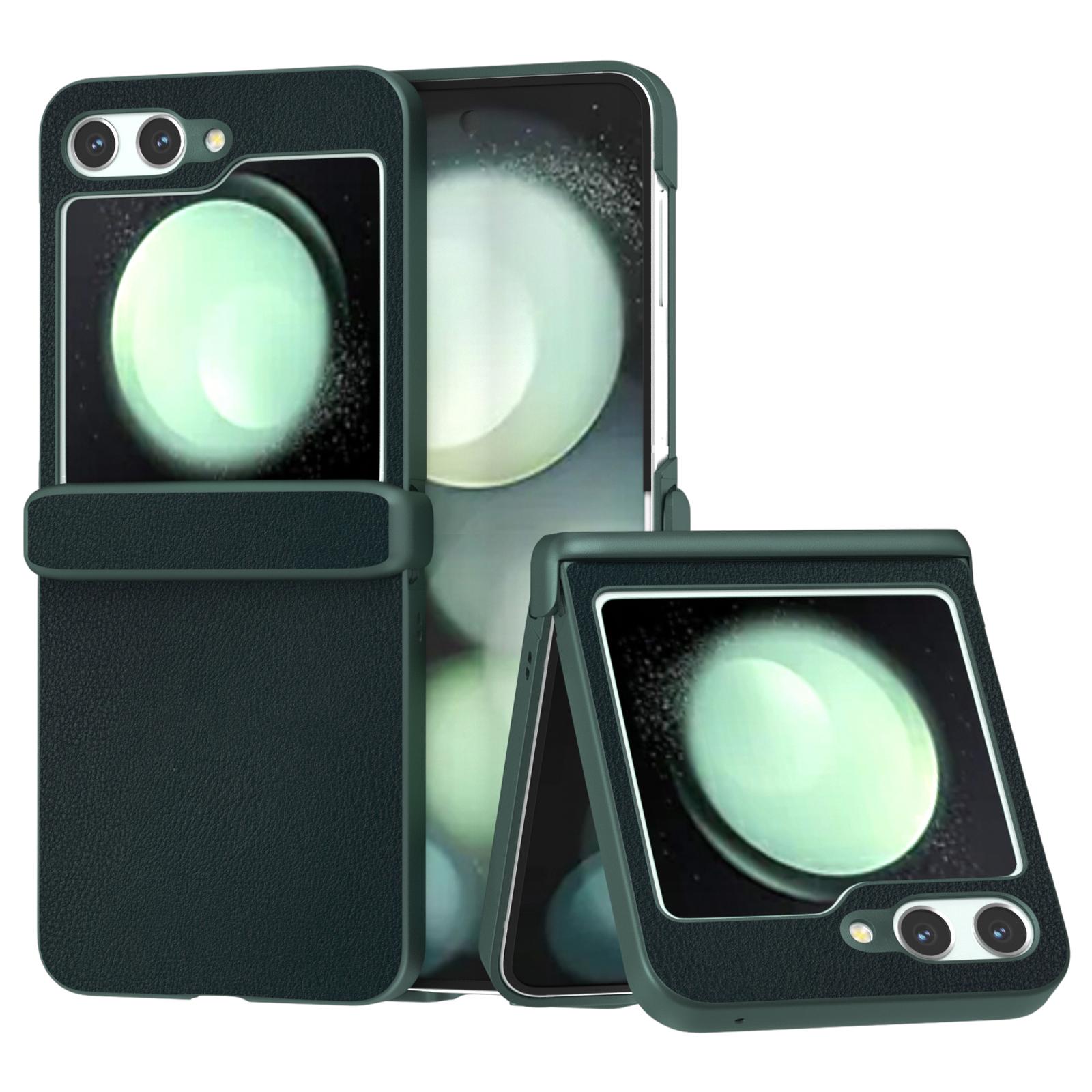 

For Samsung Galaxy Z Flip5 5G Case Leather+PC Slim Phone Cover Hinge Protection Dark Green