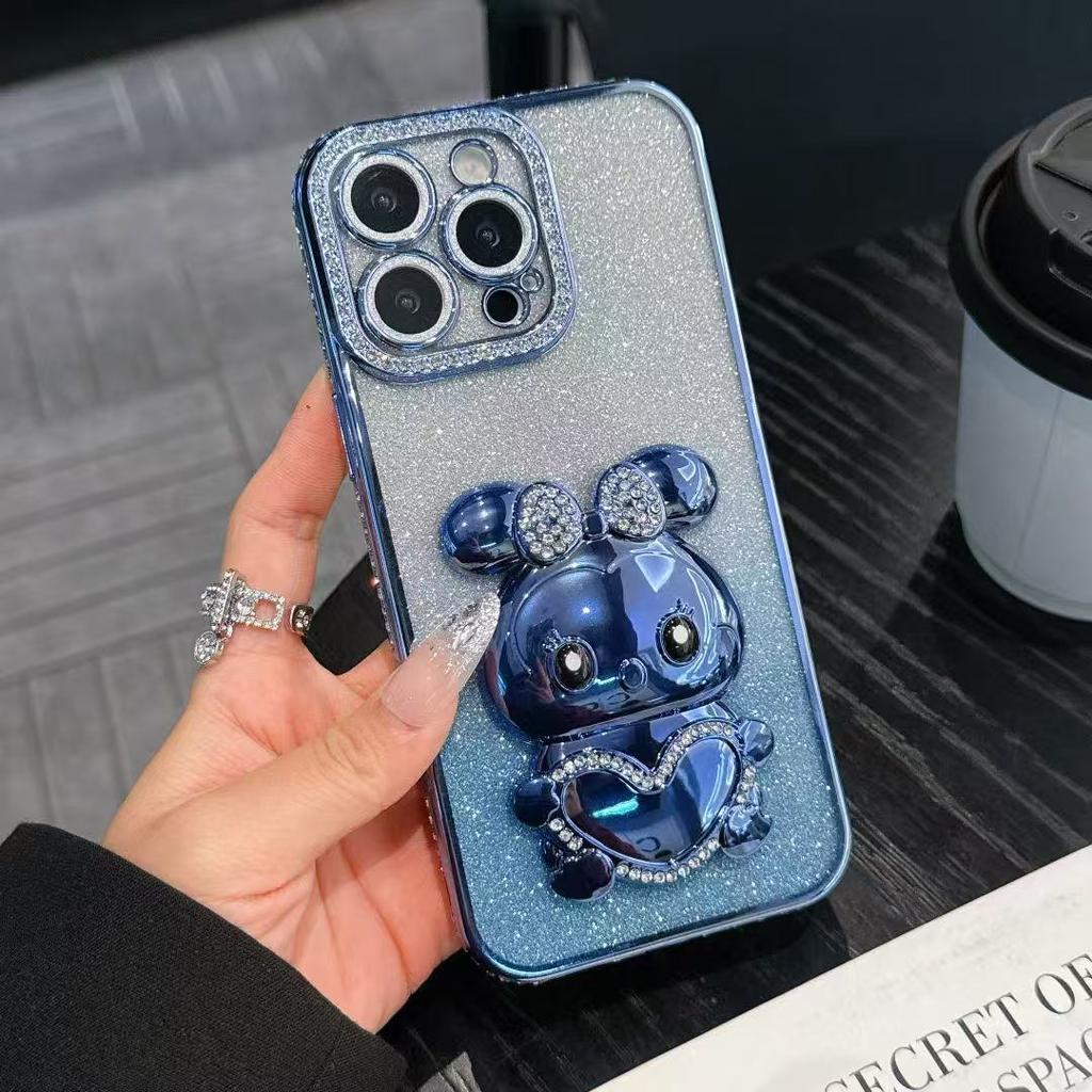 Applicable To IPhone16 ProMax Rhinestone Gradient Mobile Case Diamond Rabbit Stand Apple 15 Flash Powder Anti-fall Cover 14