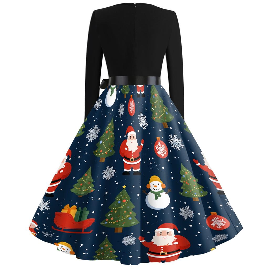 Women's Casual Christmas Print Square Neck Vintage Dress for Holiday Party and Everyday Wear