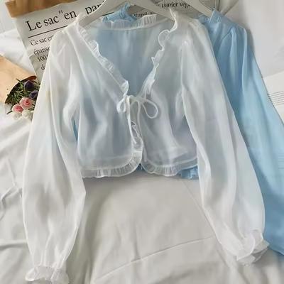 Cardigan Estivo da Donna Sottile Casual Protezione Solare Tinta Unita Pizzo Fiocco