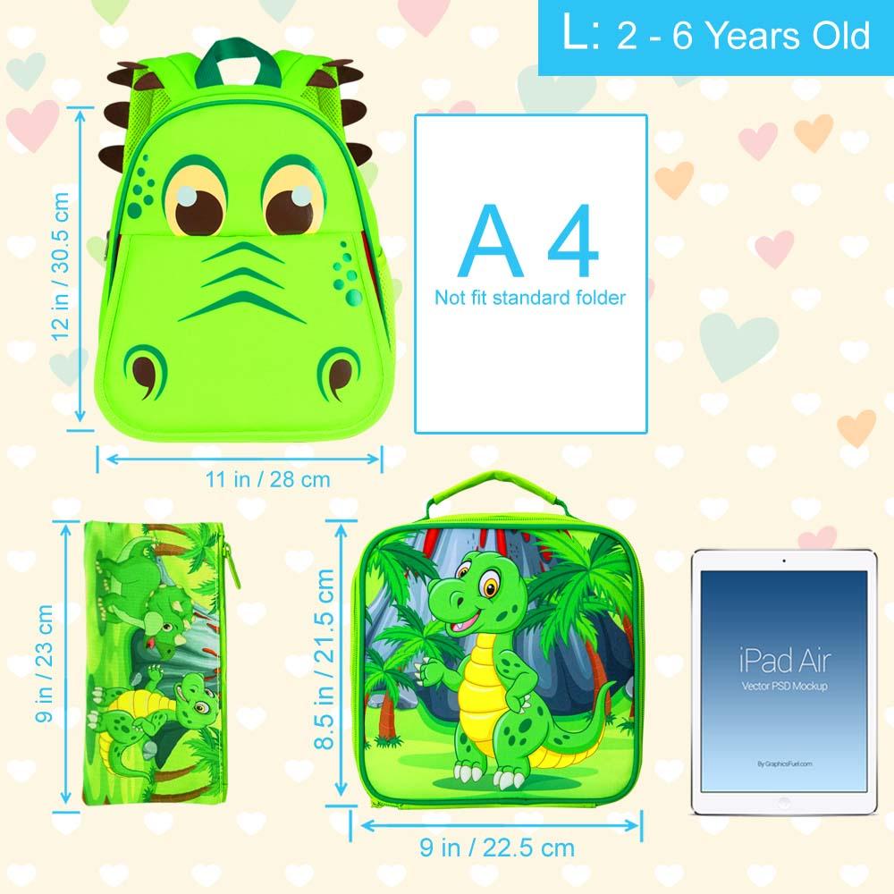 Zaino per Bambini e Portapranzo per Bambini, 3 Pezzi, Zaino per Bambini in Età Prescolare con Dinosauro da 12", Cartella per Scuola Materna con Animali Carini