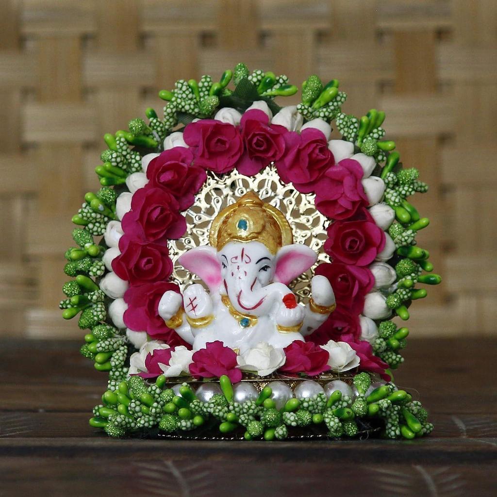 Resin Lord Ganesha Idol On Decorative Green Pink Floral Plate| Ganesha Idol for Home Decor Car Dashboard| Ganesha Statue
