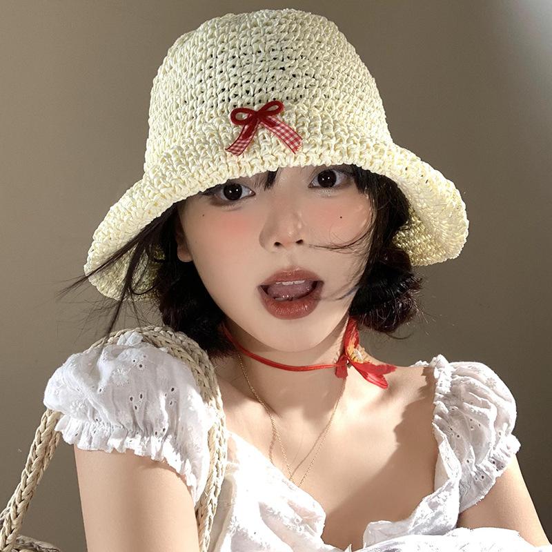 French Hollow Bow Woven Straw Hat Women's Seaside Vacation Fisherman Sun Shading Protection Trendy