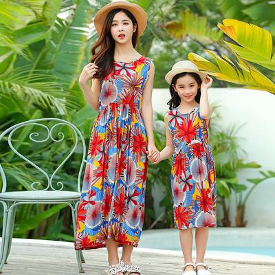 Children's Cotton Dress Summer Dress Family Foreign Style Floral Princess Dress Girls Beach Strap Dress
