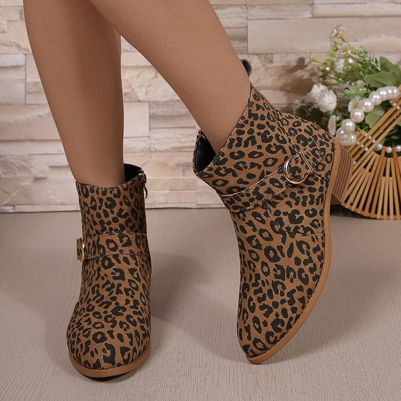 Fashion Women's Fashion Chunky Cotton Boots Winter New Round Head Suede Leopard Print Side Zipper Non-slip Short Boots