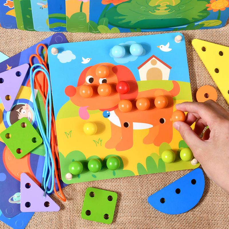 Kids Wooden Educational Threading Board With Mushroom Nail For Brain Development