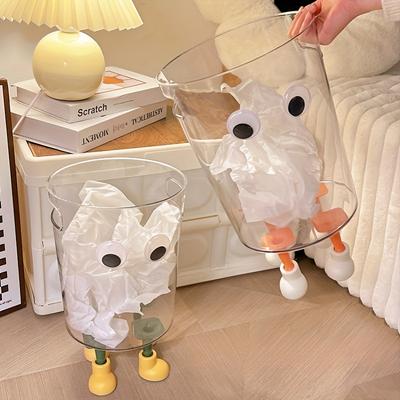 Modern Transparent Trash Can with Eyes & Four Legs, Cylindrical Plastic Bin, Stylish Discreet Waste Basket, Suitable for Office, Room