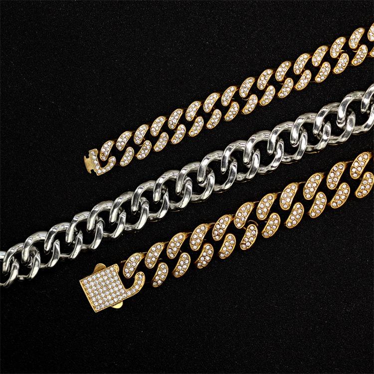 Pvd 18k Gold Color Hip Hop 11MM 15MM 19MM Width 316 Stainless Steel with Two Row Rhinestone Iced Out Cuban Link Chain Necklace