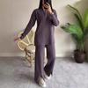 Spring 2025 Women's Solid Color Zippered Knit Set: High Neck Ribbed Loungewear Two-Piece