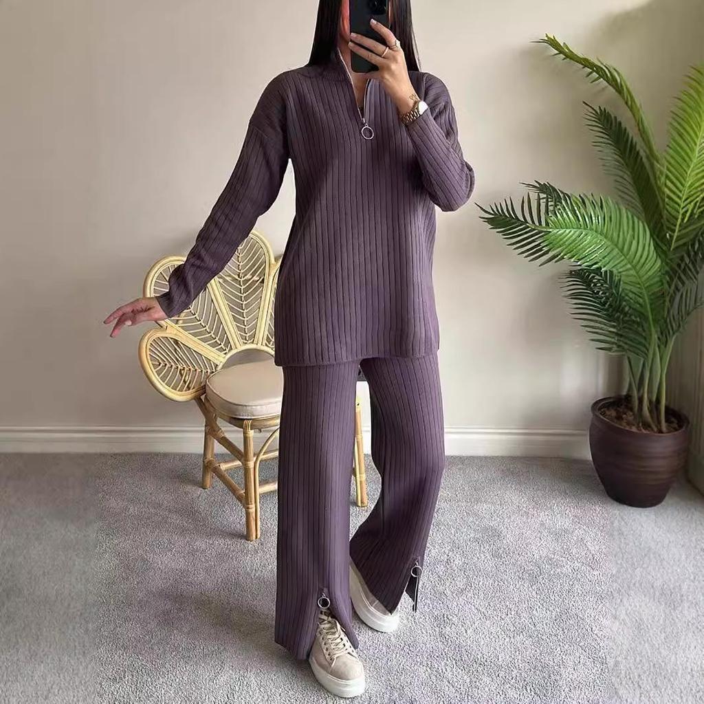 Spring 2025 Women's Solid Color Zippered Knit Set: High Neck Ribbed Loungewear Two-Piece