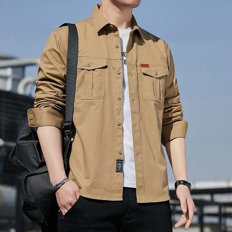 Cotton Cargo Shirt for Men Long Sleeve 2 Pocket Shirts Outdoor Casual Blouses  Clothing Overshirt
