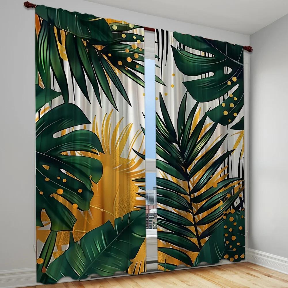 2pcs Nordic Green Plant Leaves Curtains-Light-Filtering WindowTreatment for Kitchen, Living Room, Office, and Bedroom Decor