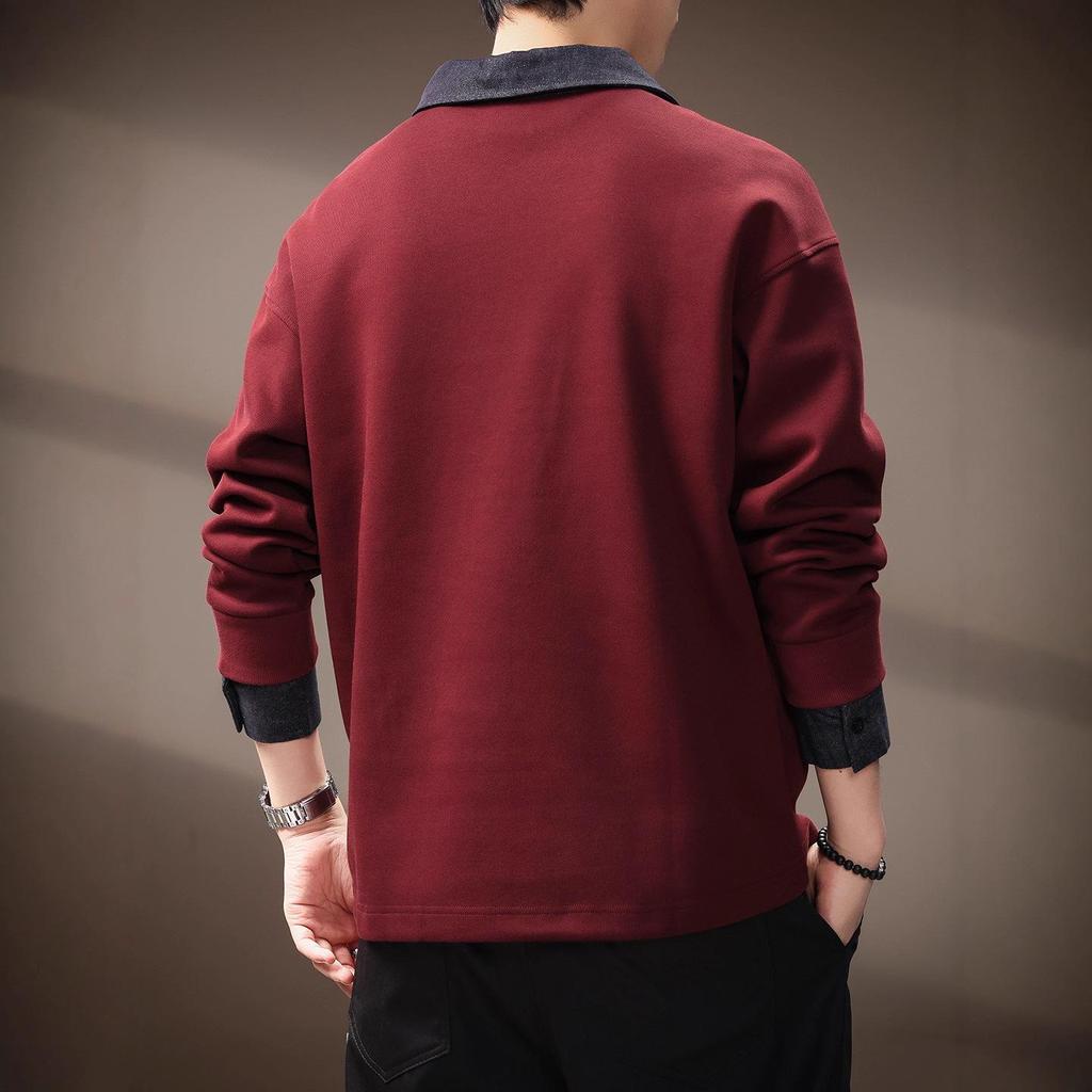 Men's Retro Fleece-Lined Color Block Denim Polo Hoodie