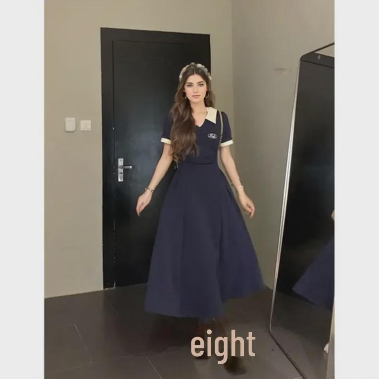Women's Retro Contrast Collar Polo Dress - Summer 2024 Edition, Pleated Short Waist with Swing Skirt