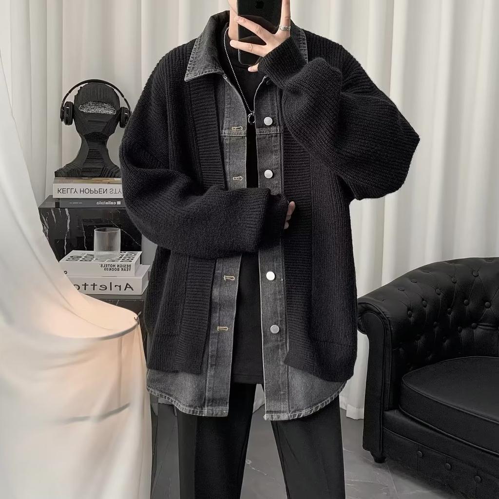 Denim splicing fake two-piece cardigan sweater jacket men's autumn and winter design sense knitted sweater casual loose sweater