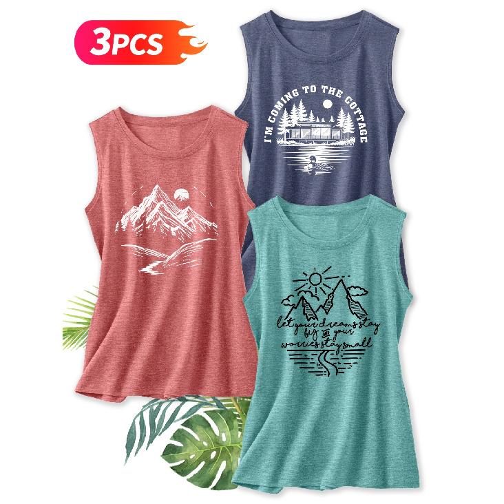 Three-piece Set Elegant Vest for Women Outdoor Mountain-themed Printed Round-neck Women's Tank Top Suitable for Spring and Summer Fashionable Tops