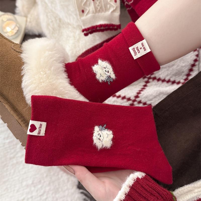 Christmas Bright Red Warm Wool Socks with Bow Tie Patterned Cartoon Mid-calf Socks New Year Red Pile-up Socks