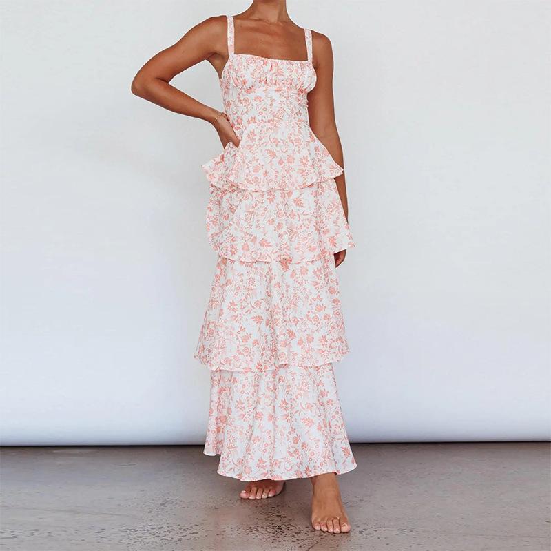 Summer European and American Women's Clothing, Fashionable and Sweet Printed Slim-fit Suspender Ruffle Edge Holiday Dress