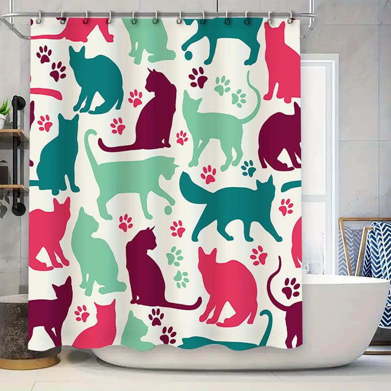 

Modern Cat Silhouette Shower Curtain Decor Set For Bathroom Multicolor Floral Design Waterproof Fabric 72\X84\ W60H190(CM)-1 Pcs