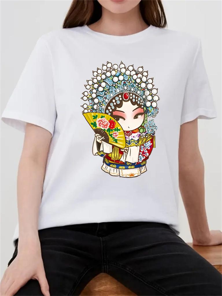 Beijing Opera Mask Cartoon Characters Printed Summer Women's Top Short Sleeve Round Neck Casual Summer Womens T-shirt Clothing