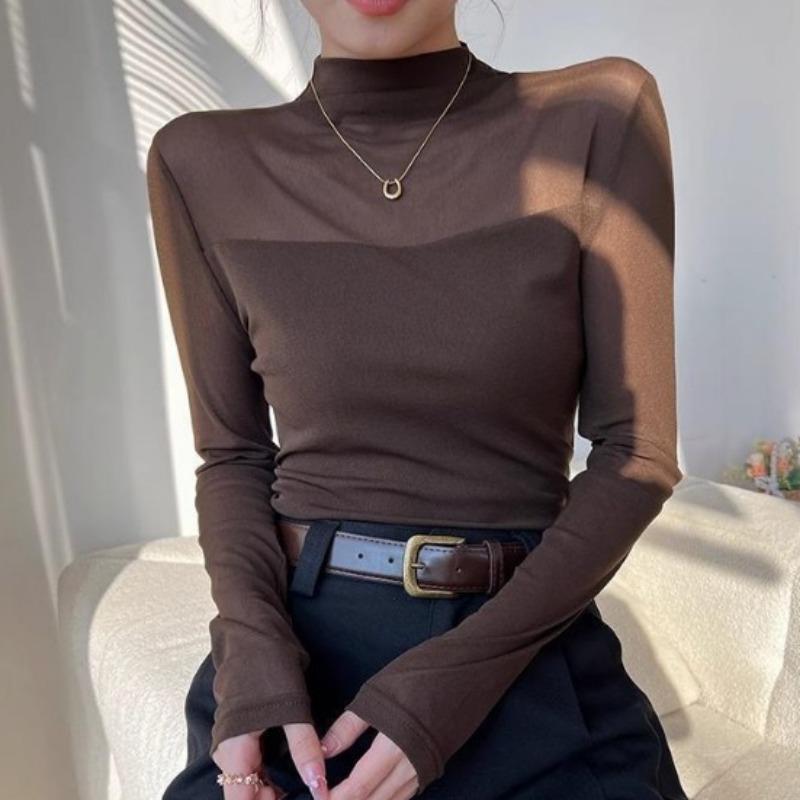 Jarné a jesenné elegantné základné tričko s polovičným vysokým golierom pre ženy, univerzálne, slim-fit, zoštíhľujúce tričko s dlhým rukávom