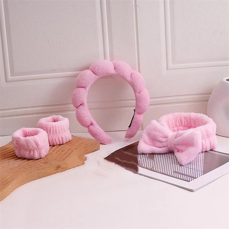 Solid Color Cloud Hair Band Set 4pcs Spa Headband and Wristband with Sponge Makeup Fashionable Hair Accessories