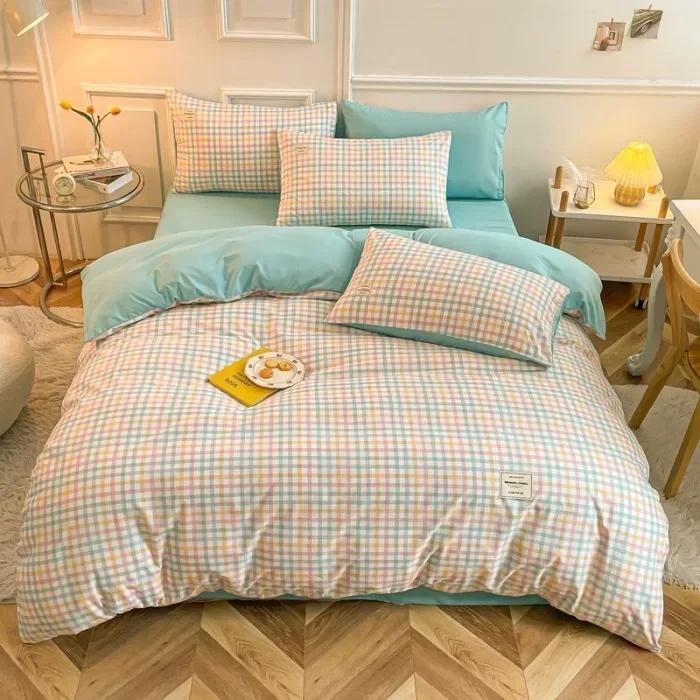 Japanese Grid Printed Washed Bedding Set Skin-Friendly Breathable Quilt Cover Sets for All Seasons Queen King Size Bedclothes