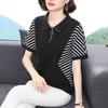 Summer New Cotton Short Sleeved T-shirt Women's Panelled Stripe Lapel Zipper Loose Versatile Korean Fashion Simple Polo Neck Top