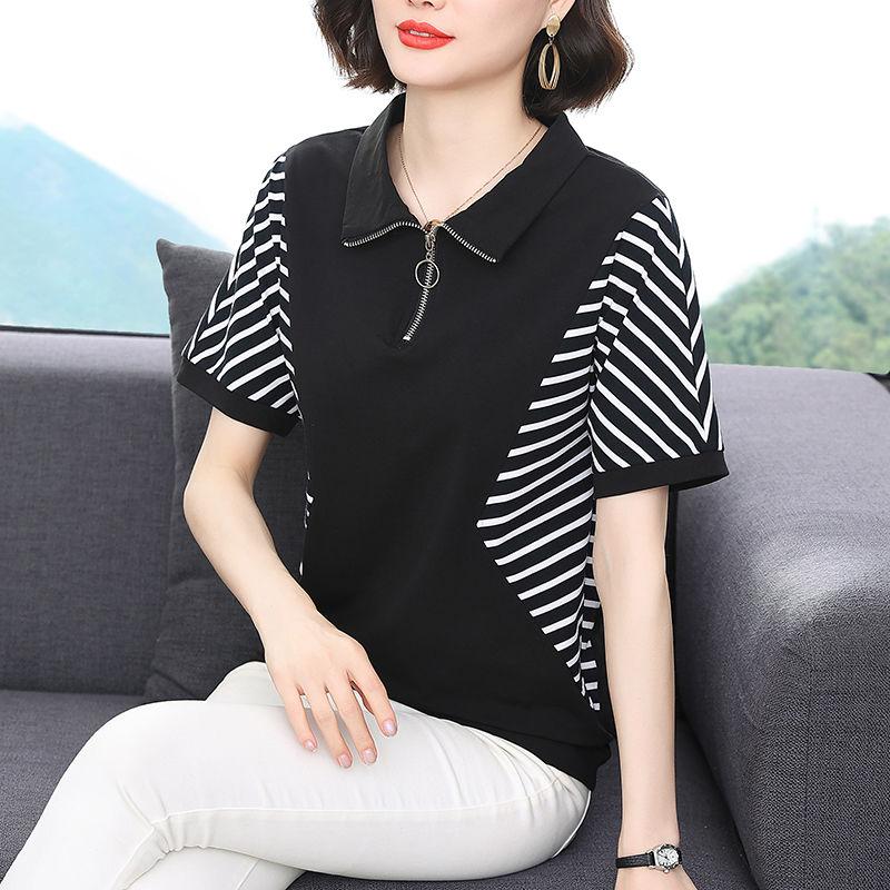Summer New Cotton Short Sleeved T-shirt Women's Panelled Stripe Lapel Zipper Loose Versatile Korean Fashion Simple Polo Neck Top