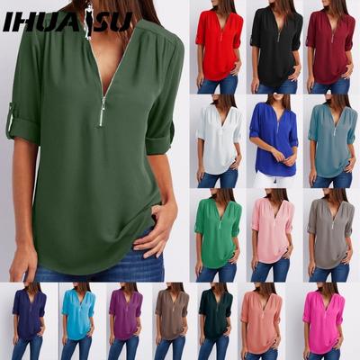 Women's Fashion Casual Solid Color Print Short Sleeve POLO Neck Blouses & Shirts