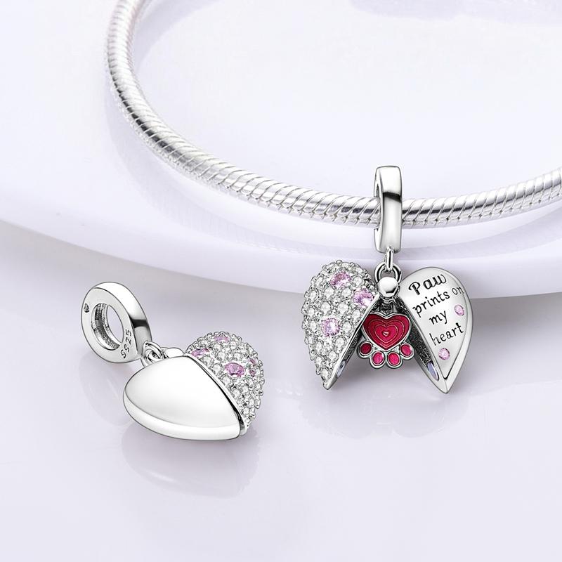 925 Silver Charms Bead Pendant Fit Bracelet Bangle Heart-shaped Cat Paw Charm For Women DIY Party Jewelry Gift