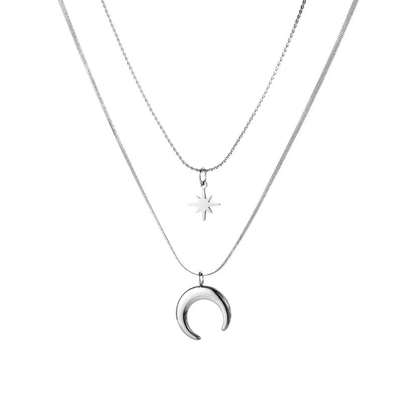 

Moon Eight Stars Flat Snake Chain Double Layer Stacked Necklace Cold Wind Niche Personality Accessories Clavicle Chain