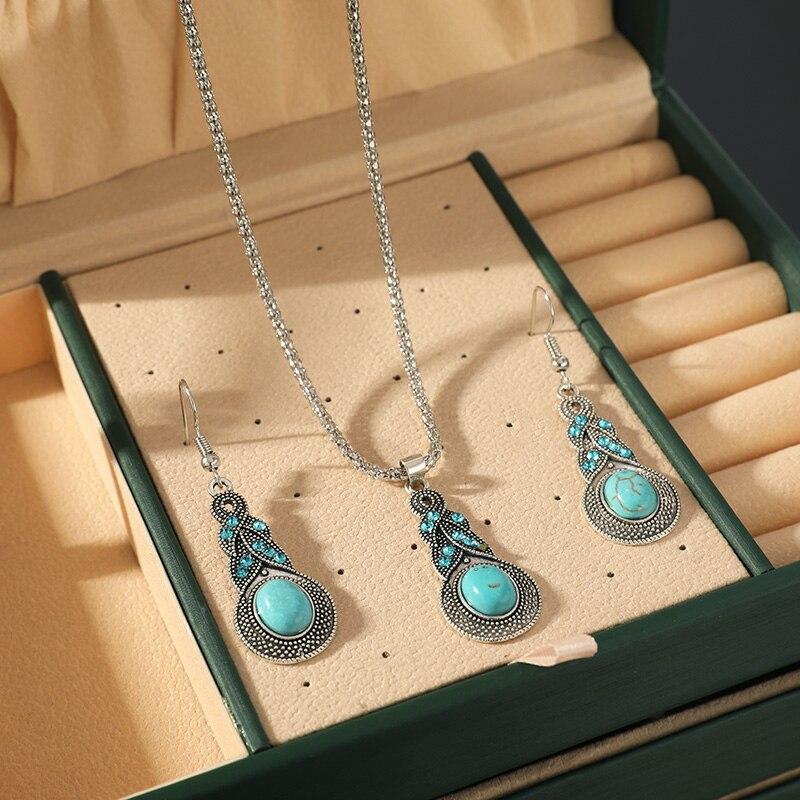 3-teiliges Halsketten-Ohrring-Set für Männer und Frauen im Vintage-Stil, eingelegter blauer Kristall, türkisfarbener Anhänger mit Laternenkette, Schmuck