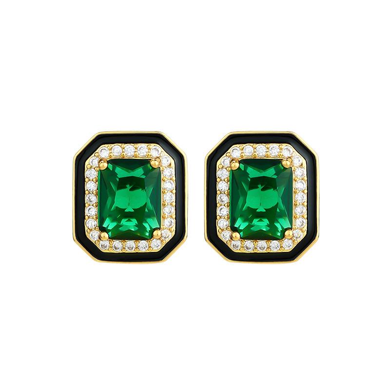 Paraiba Green Diamond Square Princess Earrings with Black Enamel